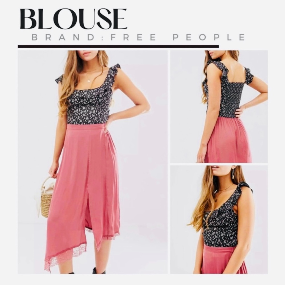 NWT Free People Stay With You Black Floral Raffle Sleeve Crop Top